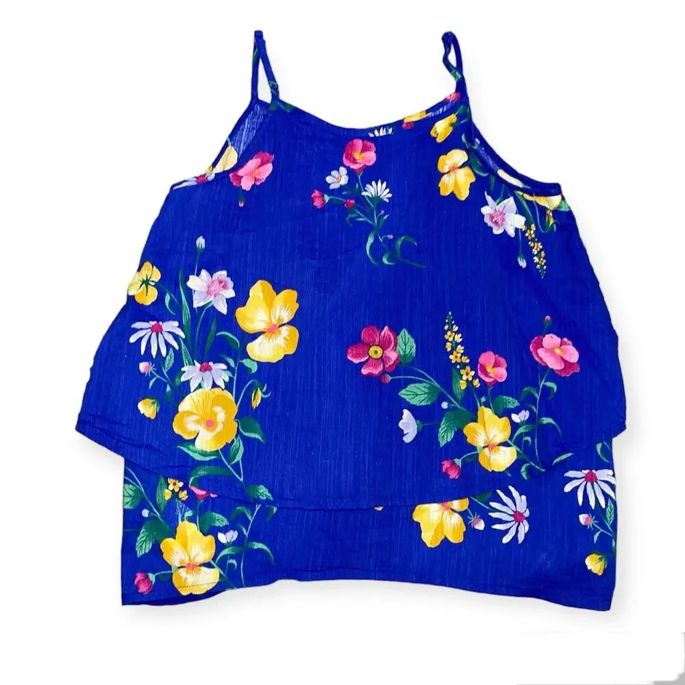 NWOT L 10-12 Old Navy Bright Blue Floral Ruffle Swing Spaghetti Strap Top Shirt
